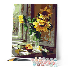 Load image into Gallery viewer, paint by numbers | Sunflowers and apple in front of the window | easy flowers | FiguredArt