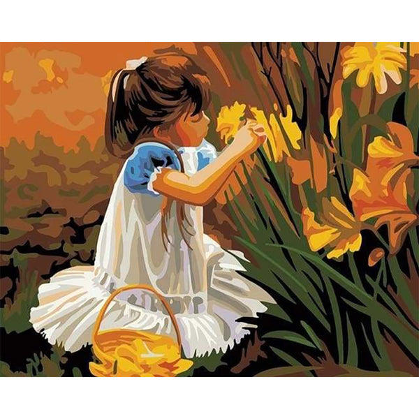 paint by numbers | Little girl picking flowers | easy flowers romance | FiguredArt