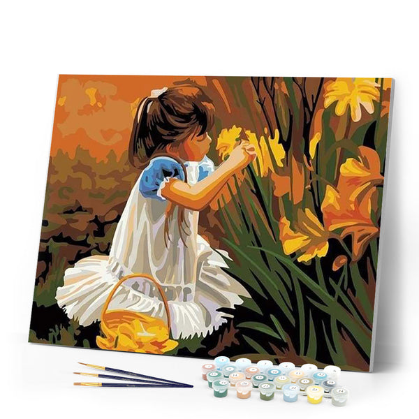 paint by numbers | Little girl picking flowers | easy flowers romance | FiguredArt