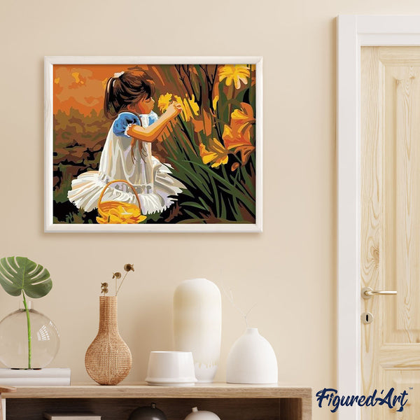 paint by numbers | Little girl picking flowers | easy flowers romance | FiguredArt