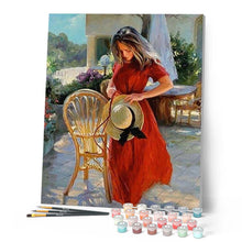 Load image into Gallery viewer, paint by numbers | Pretty Woman wearing a red dress | easy landscapes portrait | FiguredArt