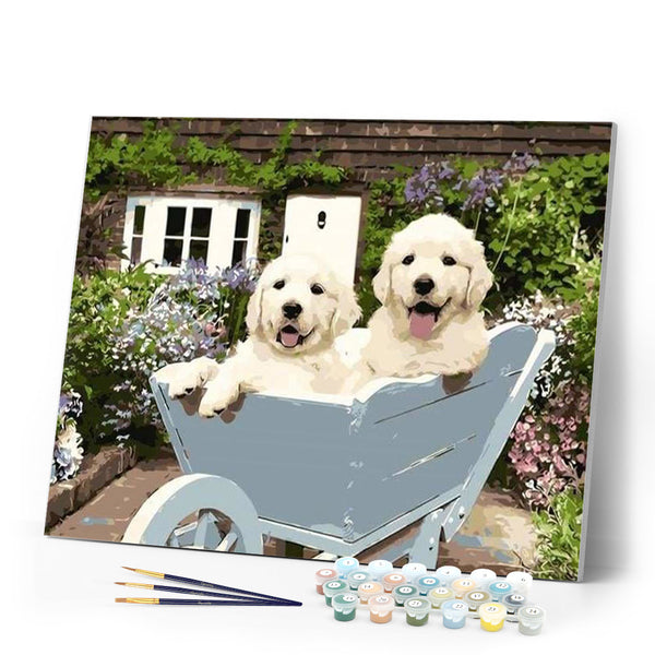 paint by numbers | Two Puppies in a Wheelbarrow | animals dogs easy | FiguredArt