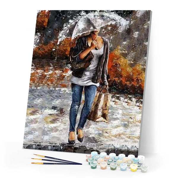 paint by numbers | Woman carrying a bag in the Rain | advanced romance | FiguredArt