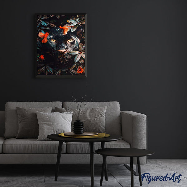 paint by numbers | black panther in the foliage and birds | new arrivals animals panthers birds intermediate | FiguredArt