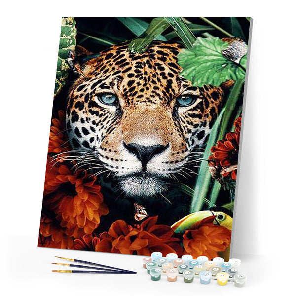 paint by numbers | panther in the foliage and flowers | new arrivals animals panthers flowers intermediate | FiguredArt