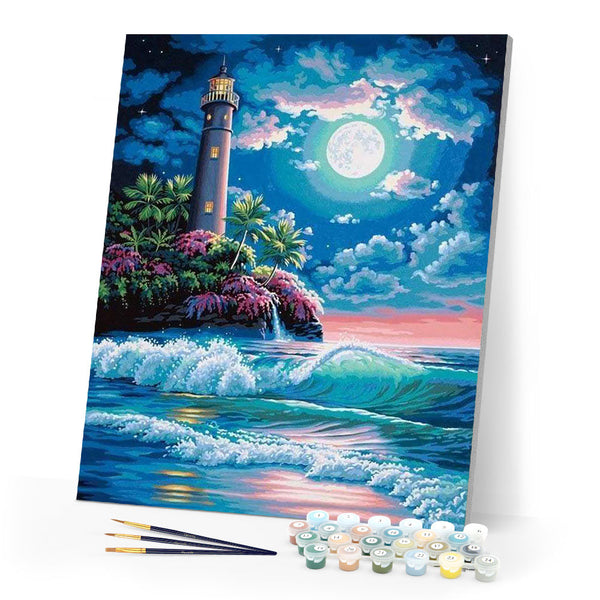 paint by numbers | Lighthouse under a full moon | intermediate landscapes | FiguredArt