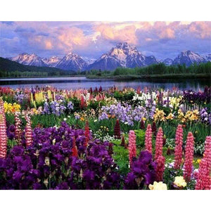 paint by numbers | Flowers and Lake near the Mountain | advanced flowers landscapes | FiguredArt