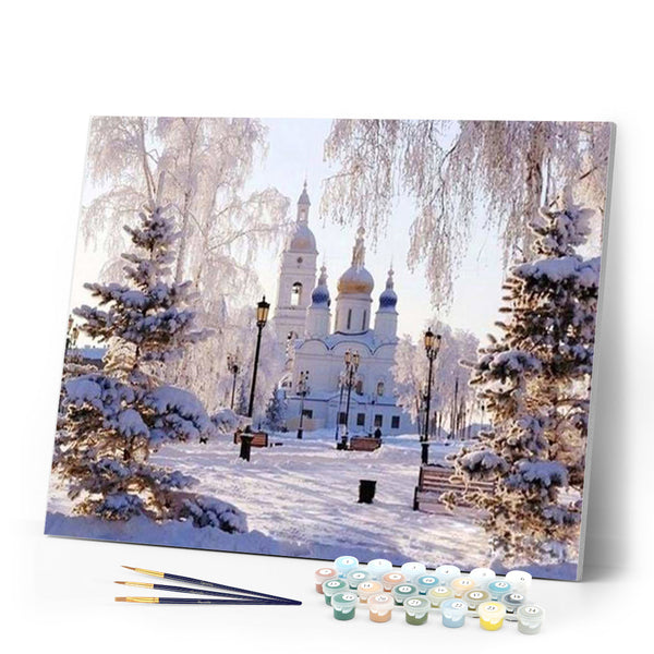 paint by numbers | Church and Snowy Road | advanced cities | FiguredArt