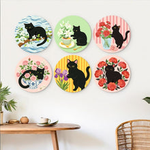 Load image into Gallery viewer, Mini Paint by Numbers Set - Discs Ø7.9" (6 pieces) - Black Cat and Flowers