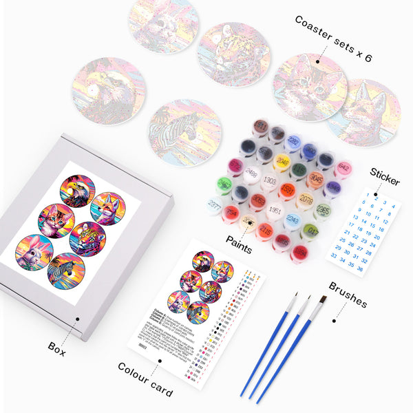 Paint by numbers 6" Coasters (6 pieces) - Pop Art Wildlife