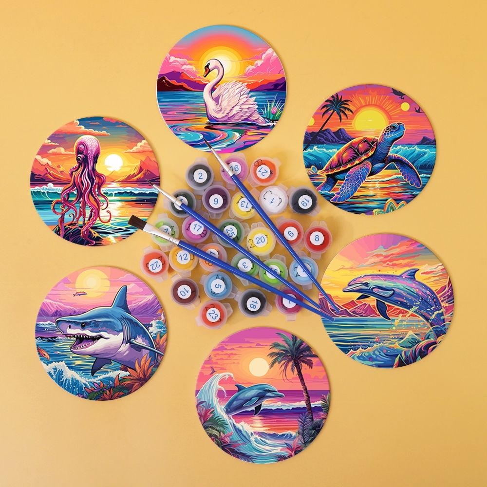 Paint by numbers 6" Coasters (6 pieces) - Colorful Sea Life