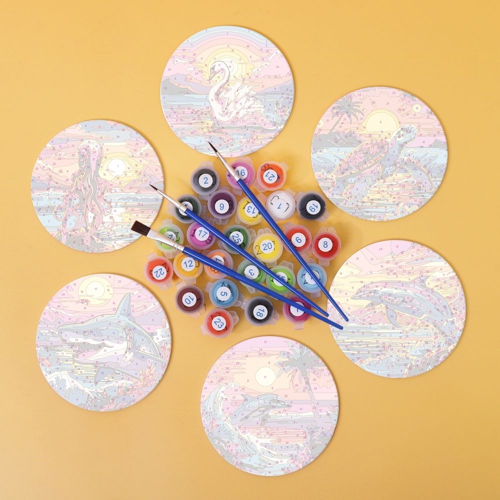 Paint by numbers 6" Coasters (6 pieces) - Colorful Sea Life