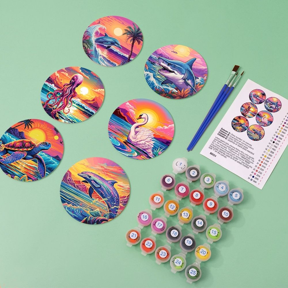Paint by numbers 6" Coasters (6 pieces) - Colorful Sea Life
