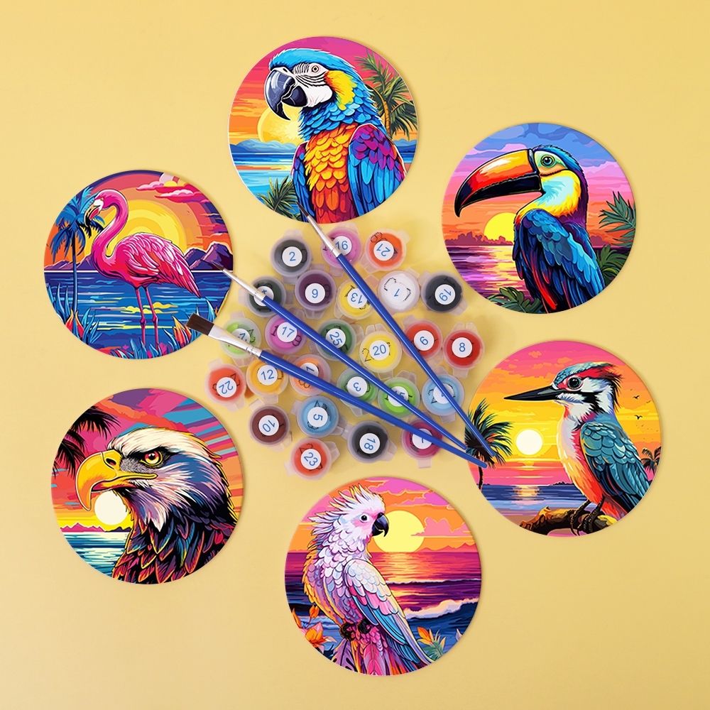 Paint by numbers 6" Coasters (6 pieces) - Vibrant Tropical Birds