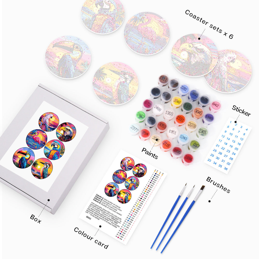 Paint by numbers 6" Coasters (6 pieces) - Vibrant Tropical Birds