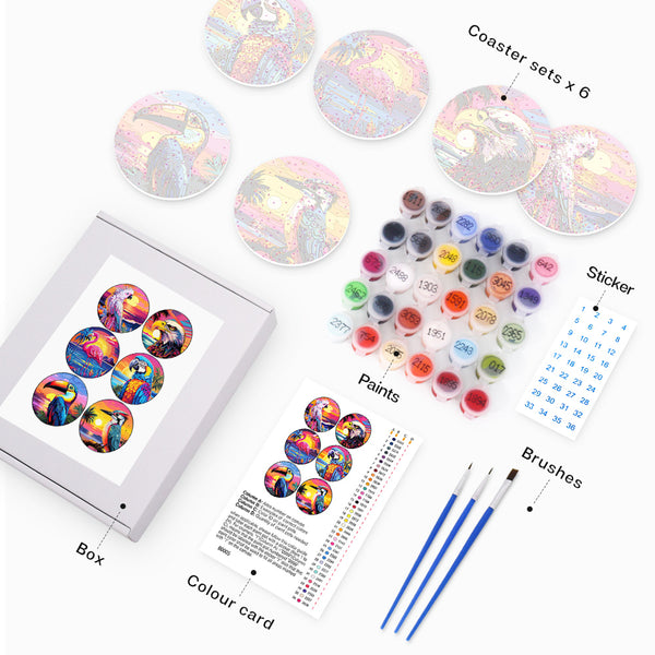 Paint by numbers 6" Coasters (6 pieces) - Vibrant Tropical Birds