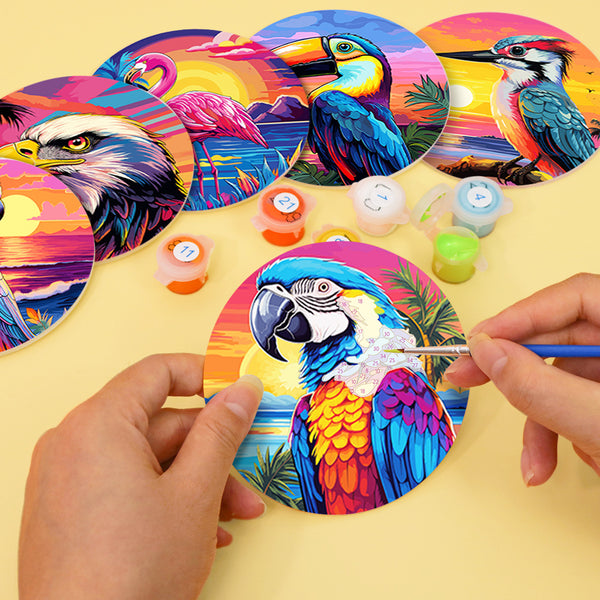 Paint by numbers 6" Coasters (6 pieces) - Vibrant Tropical Birds