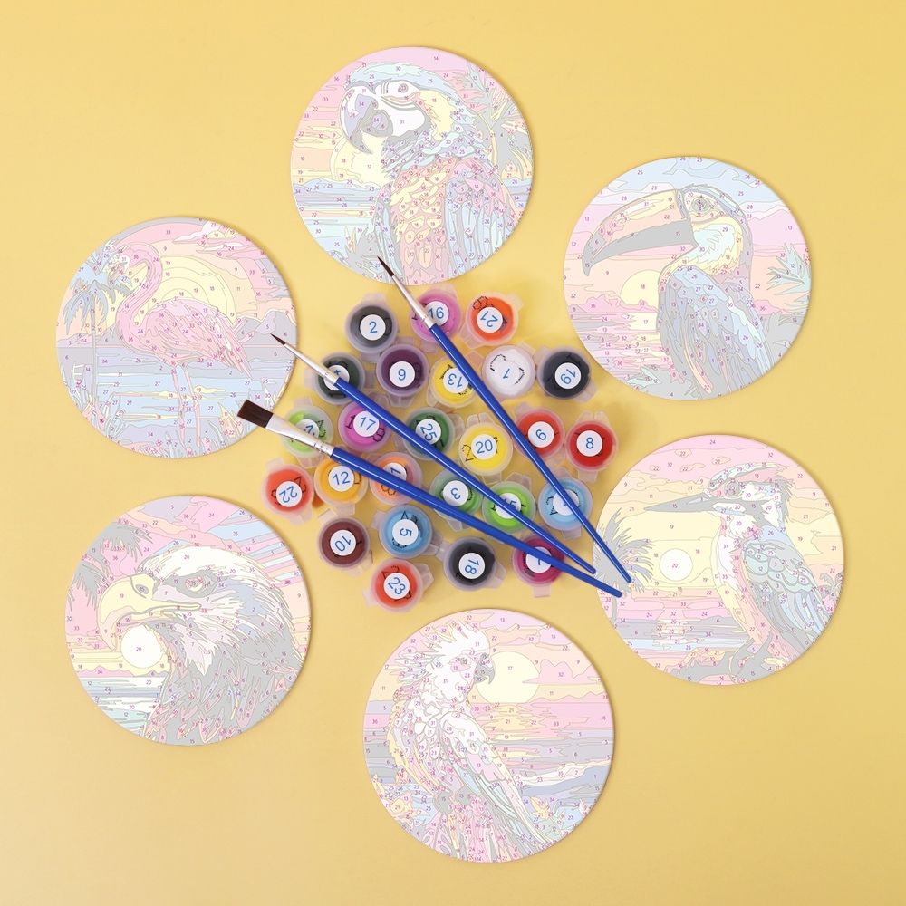 Paint by numbers 6" Coasters (6 pieces) - Vibrant Tropical Birds