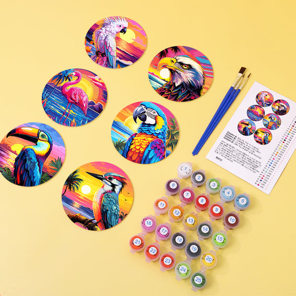 Paint by numbers 6" Coasters (6 pieces) - Vibrant Tropical Birds