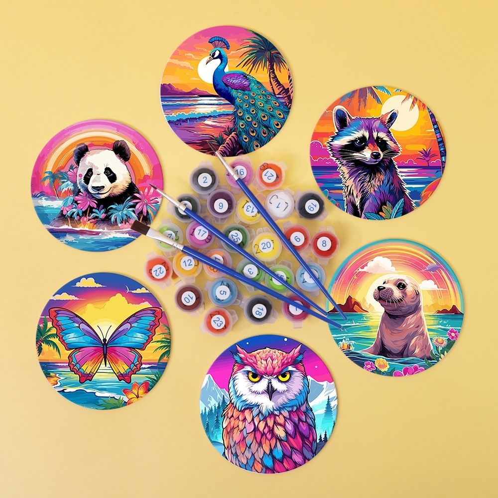 Paint by numbers 6" Coasters (6 pieces) - Wildlife Series with Panda, Raccoon and Seal