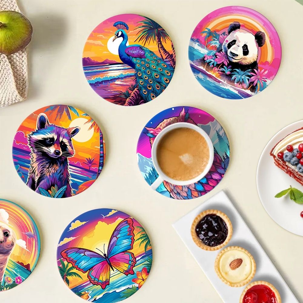 Paint by numbers 6" Coasters (6 pieces) - Wildlife Series with Panda, Raccoon and Seal