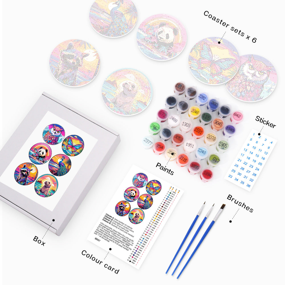 Paint by numbers 6" Coasters (6 pieces) - Wildlife Series with Panda, Raccoon and Seal