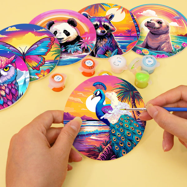Paint by numbers 6" Coasters (6 pieces) - Wildlife Series with Panda, Raccoon and Seal