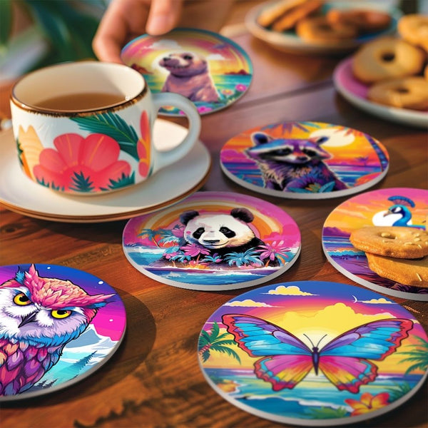 Paint by numbers 6" Coasters (6 pieces) - Wildlife Series with Panda, Raccoon and Seal