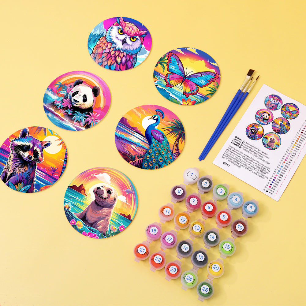 Paint by numbers 6" Coasters (6 pieces) - Wildlife Series with Panda, Raccoon and Seal