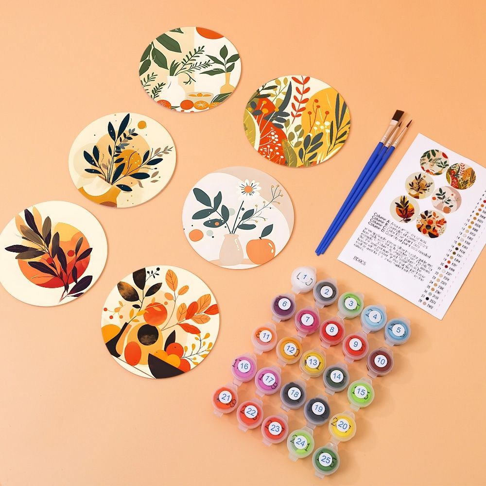 Paint by numbers 6" Coasters (6 pieces) - Modern Botanical Design