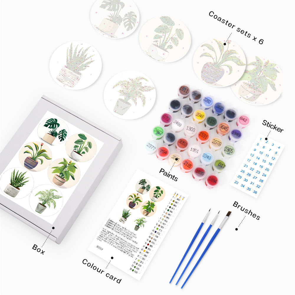 Paint by numbers 6" Coasters (6 pieces) - Monstera and Fern