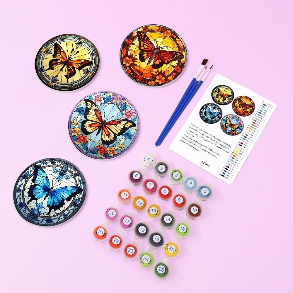 Paint by numbers 6" Coasters (4 pieces) - Vibrant Wings: A Butterfly Quartet