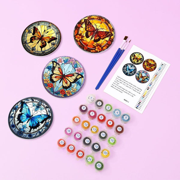 Paint by numbers 6" Coasters (4 pieces) - Vibrant Wings: A Butterfly Quartet