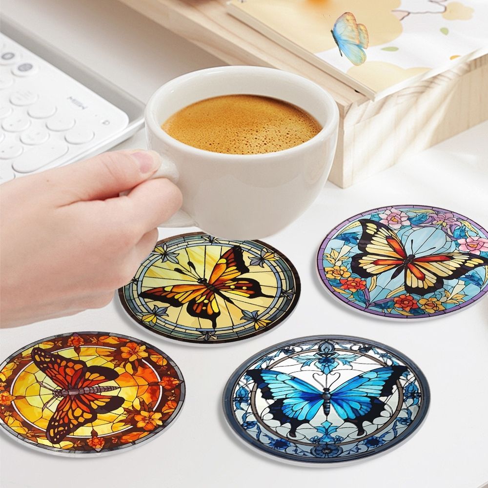 Paint by numbers 6" Coasters (4 pieces) - Vibrant Wings: A Butterfly Quartet