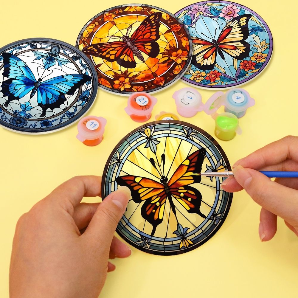 Paint by numbers 6" Coasters (4 pieces) - Vibrant Wings: A Butterfly Quartet