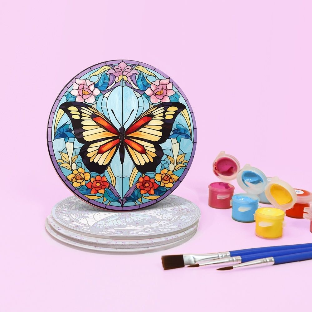 Paint by numbers 6" Coasters (4 pieces) - Vibrant Wings: A Butterfly Quartet