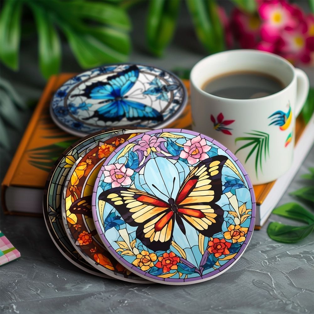 Paint by numbers 6" Coasters (4 pieces) - Vibrant Wings: A Butterfly Quartet
