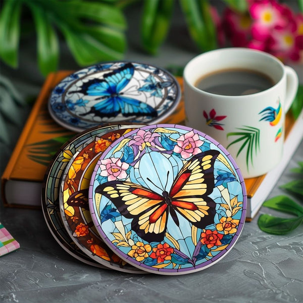 Paint by numbers 6" Coasters (4 pieces) - Vibrant Wings: A Butterfly Quartet