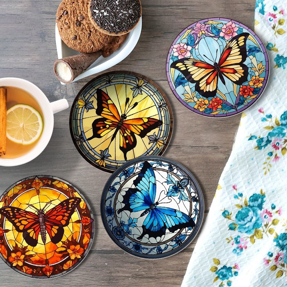 Paint by numbers 6" Coasters (4 pieces) - Vibrant Wings: A Butterfly Quartet