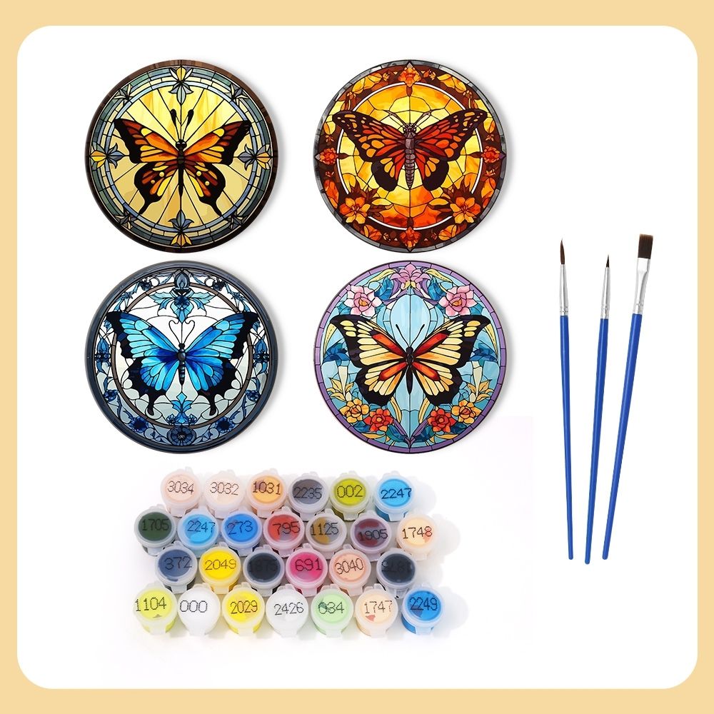 Paint by numbers 6" Coasters (4 pieces) - Vibrant Wings: A Butterfly Quartet