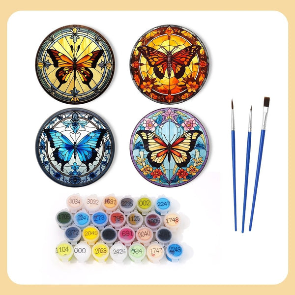 Paint by numbers 6" Coasters (4 pieces) - Vibrant Wings: A Butterfly Quartet
