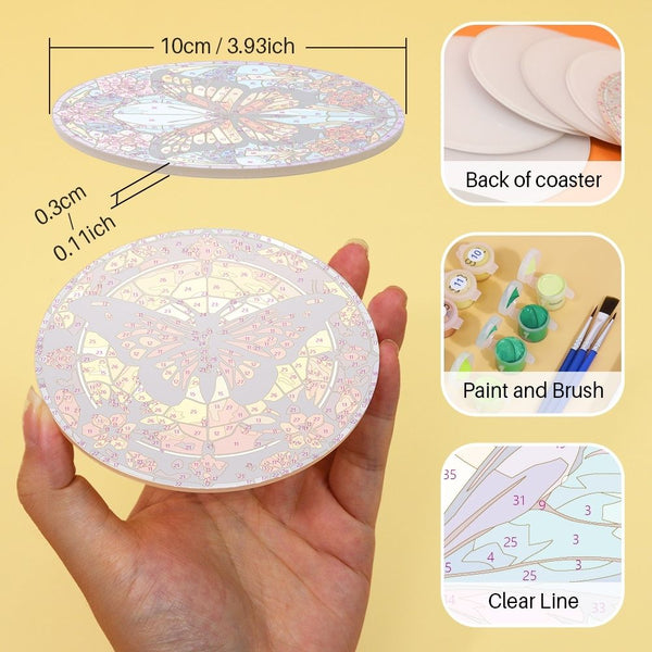 Paint by numbers 6" Coasters (4 pieces) - Vibrant Wings: A Butterfly Quartet