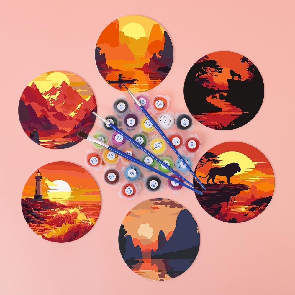 Paint by numbers 6" Coasters (6 pieces) - Sunset Scene