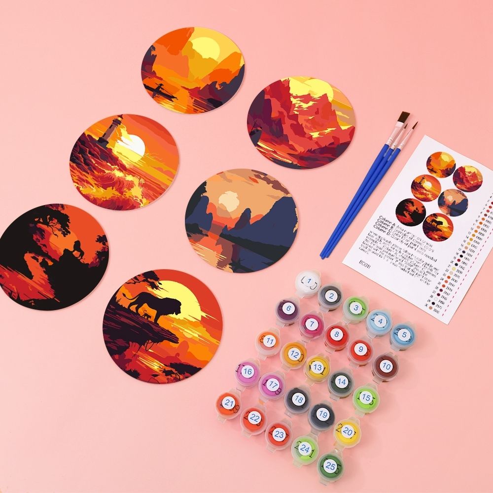 Paint by numbers 6" Coasters (6 pieces) - Sunset Scene