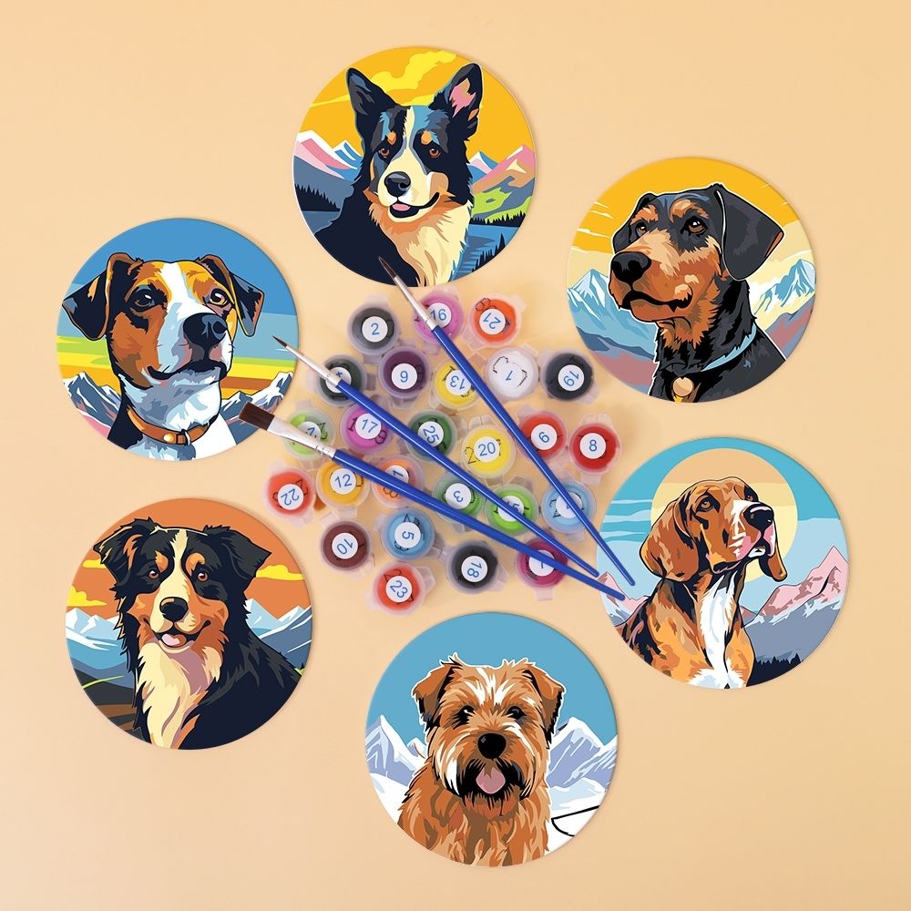 Paint by numbers 6" Coasters (6 pieces) - Cute Dogs