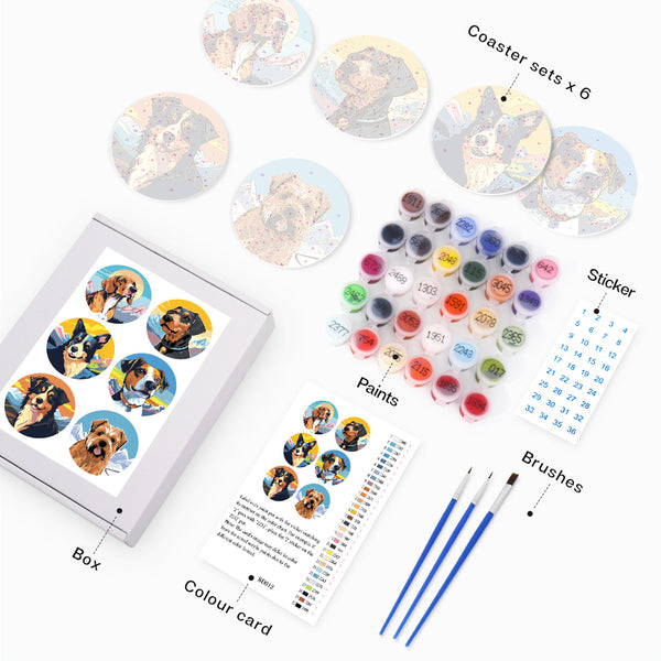 Paint by numbers 6" Coasters (6 pieces) - Cute Dogs