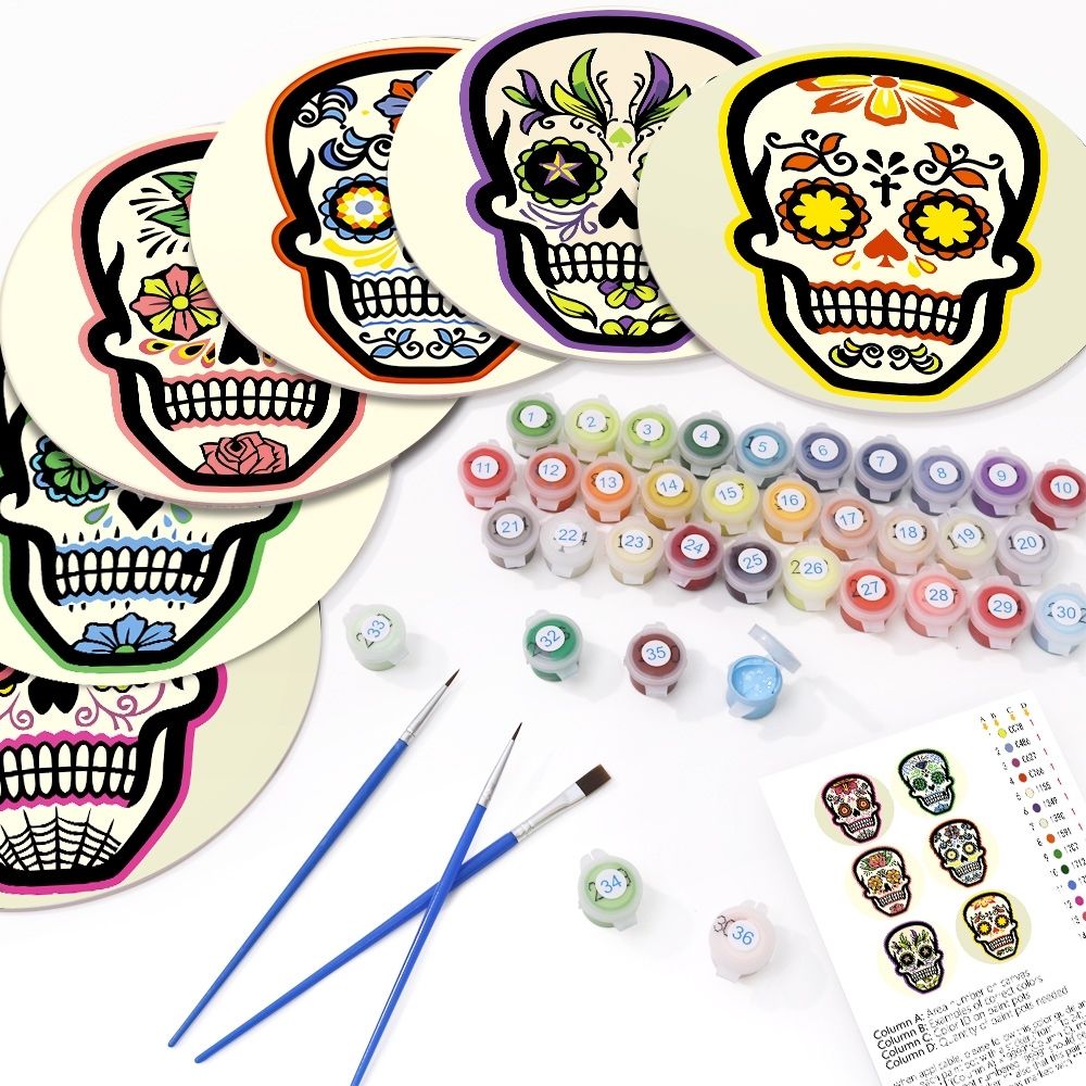 Paint by numbers 8" Placemats (6 pieces) - Colorful Day of the Dead Skull