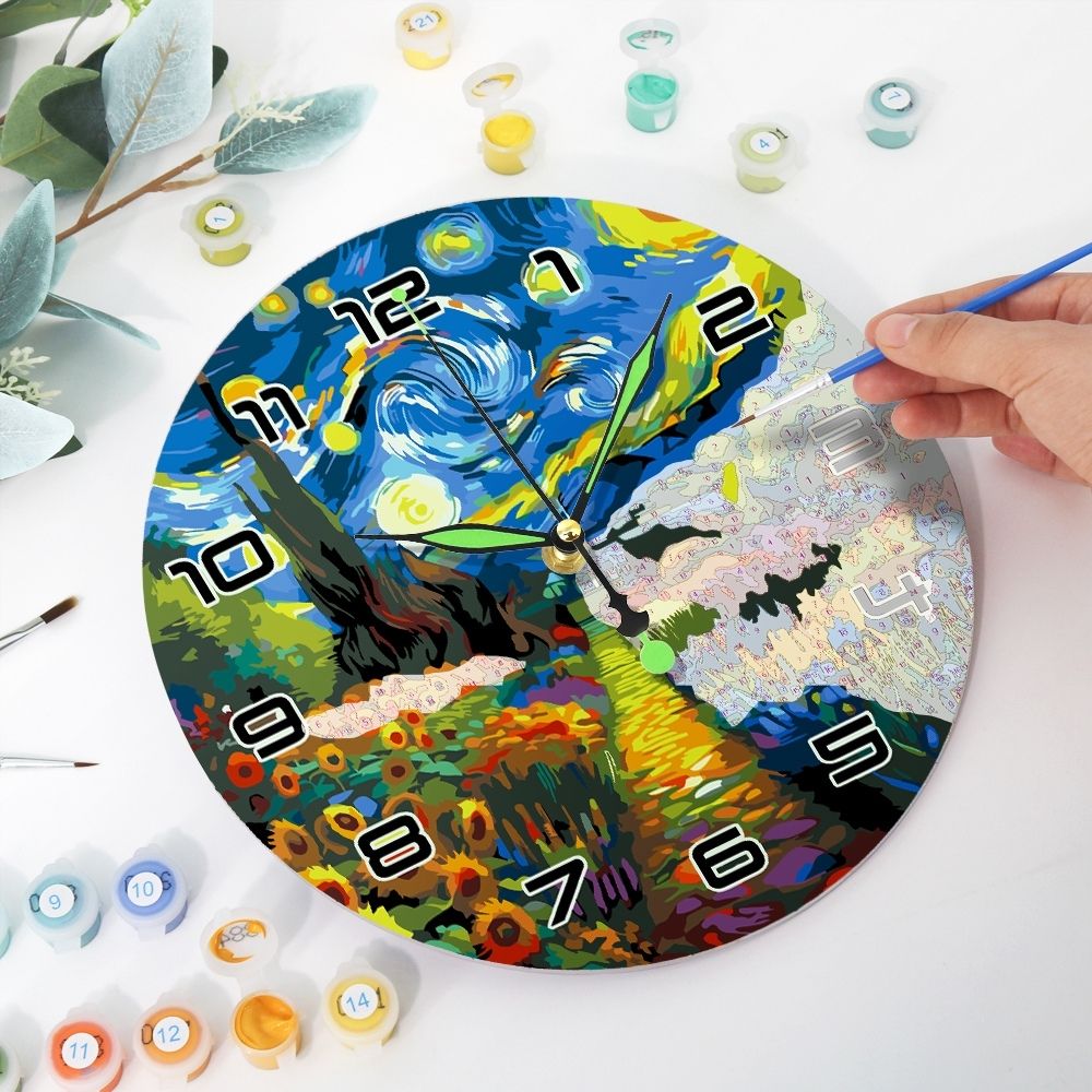 Paint by Numbers Clock - Starry Night & Sunflowers Figured'Art