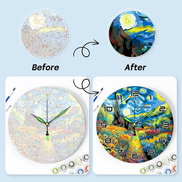 Paint by Numbers Clock - Starry Night & Sunflowers