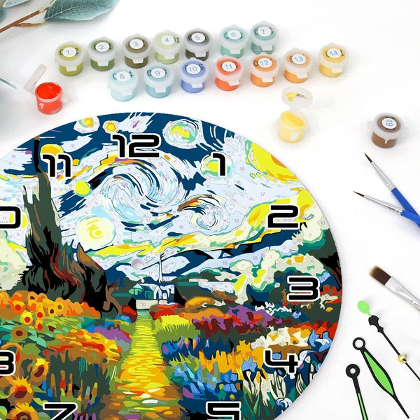 Paint by Numbers Clock - Starry Night & Sunflowers